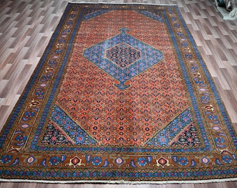 Orange Vintage Caucasian Area Rug, 6&#39;5 x 10&#39;1 ft Afghan Handmade Wool Rug, Attractive Rug, Turkmen Tribal Rug, Living Room, Bedroom Rug 7x10