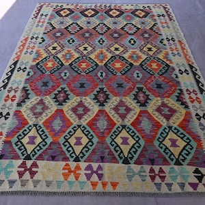 6&#39;8 x 9&#39;6 ft Afghan Geometric Chobi Kilim Rug, Handmade Veg Dyes Wool Area Rug, Flatweave Turkmen Tribal Rug, Living Room & Bedroom Rug 7x10