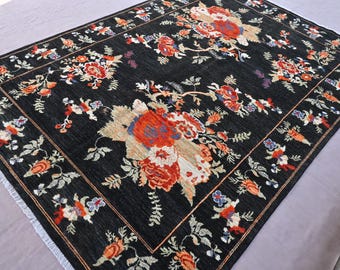 Hand Knotted Afghan Floral Rug, Black Wool Area Rug (7x10 ft)