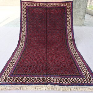 Oriental Vintage Afghan Area Rug, 3.7 x 6.5 ft Geometric Baluchi Rug, Handmade Soft Wool Rug, Turkmen Tribal Rug, Living Room Office Rug 4x6