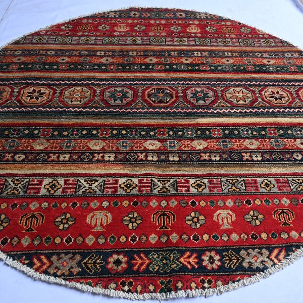 Collectors Piece Rug- 5x5 ft Afghan Geometric Shaal Design Rug- Handmade Veg Dyes Wool Red Rug- Turkmen Tribal Round Rug-Bedroom, Office Rug