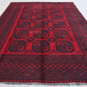 Handmade Afghan Vintage Rug, 7 x 9 ft Oriental Ersari Bukhara Rug, Hand Knotted Wool Red Rug, Traditional Turkmen Rug, Living Room Decor Rug