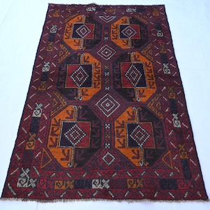 Red Vintage Baluchi Rug, 3&#39;10 x 6&#39;0 ft Afghan Handmade Wool Area Rug, 1970s Antique Rug, Oriental Turkmen Rug, Kitchen, Kids Room Carpet 4x6