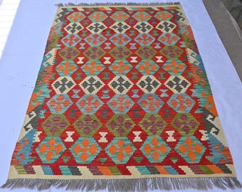 Handmade Afghan Kilim Rug, Geometric Wool, 5x7 ft
