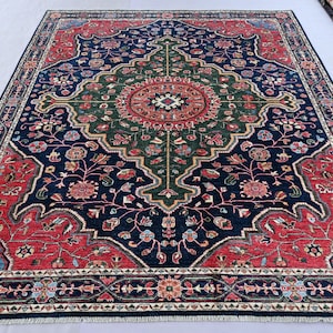 8x10 ft Gorgeous Heriz Pattern Rug, Afghan Hand Knotted Wool Navy Blue Rug, Traditional Area Rug- Living Room, Bedroom Decor Rug Turkmen Rug