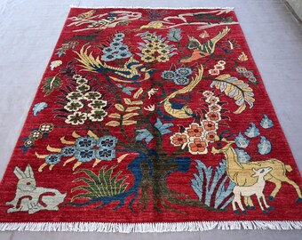 Handmade Afghan Wool Rug, Red Pictorial Turkmen Rug (5.2 x 6.6 ft)