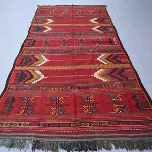 5x11 ft Antique Turkmen Sumak Striped design kilim rug - Handmade Wool Red Flatweave Afghan Kilim Rug, Living Room & Bedroom Rug - Boho Rug
