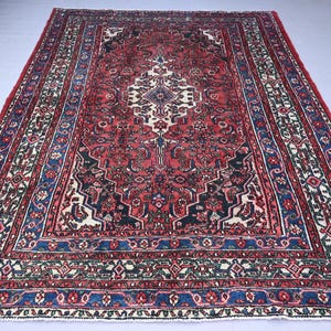 Red Vintage Rug, 7 x 10 ft Tribal Caucasian Rug, Afghan Handmade Wool Area Rug, Collectors Piece Rug, Oriental Turkmen Rug, Living Room Rug