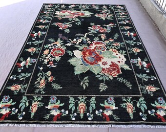 Black Afghan Floral Rug – 7x10 ft, Handmade Wool Turkmen Rug