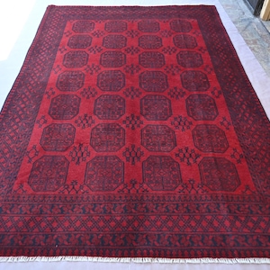 Vintage Turkmen Ersari Bukhara Rug, 7x10 ft Handmade Wool Red Rug, High Quality Oriental Afghan Rug, Living Room, Bedroom Rug, Bohemian Rug