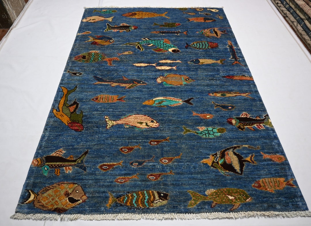 3.11x5.7 Ft High Quality Pictorial Rug Afghan Hand Knotted Wool Fishes ...