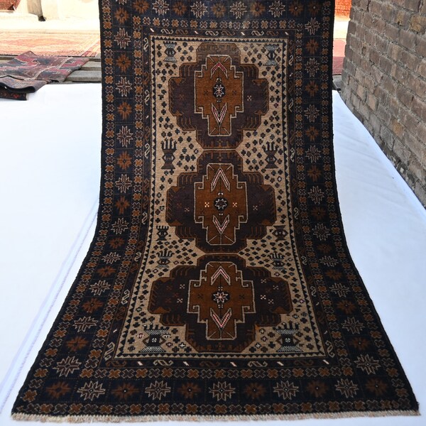 Rich Beige Vintage Rug- 3.2x6.2 ft Afghan Baluchi Design Rug- Hand Knotted Wool Area Rug- Turkmen Tribal Rug-Living Room, Bedroom Carpet 3x6