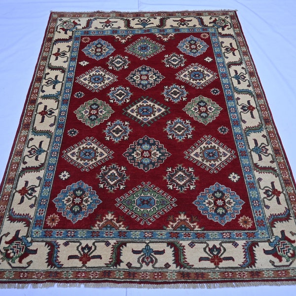 Collectors Piece Rug, 4.9x6.4 ft Afghan Geometric Kazak Rug- Handmade Veg Dyes Wool Red Rug- Turkmen Tribal Rug- Top Quality Bedroom Rug 5x6