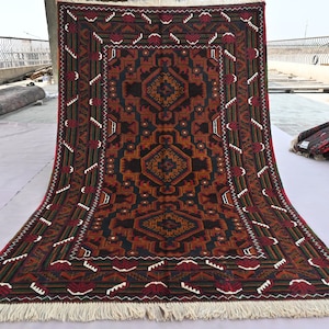 4 x 6 ft. Antique Baluchi Rug, Afghan Hand Knotted Soft Wool Rug, Oriental Black Wool Area Rug, Turkmen Tribal Rug, Living Room, Kitchen Rug