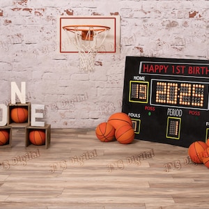 Digital Toddler, Child, First birthday Basketball themed background with scoreboard and basketball hoop