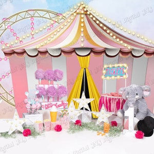 Digital Backdrop, Carnival Circus  Pink & White First Birthday Background, Ferris Wheel Cotton Candy, 1st Birthday decor, One Year Old b-day