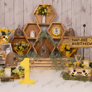 Digital Backdrop HAP BEE 1st Birthday,  Honey Bee Theme, Bumble Bee theme, One year old Birthday backdrop,  Summertime Bee theme, Bee theme
