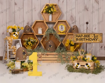 Fondo digital para el primer cumpleaños de Hap Bee / Tema de abejas / Fondo de fiesta con colmena de flores amarillas / Descarga de accesorios de abejorros