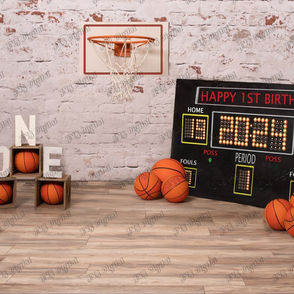 Digital Toddler, Child, First birthday Basketball themed background with scoreboard and basketball hoop