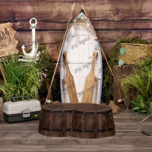 Digital Backdrop, Gone Fishing theme, for Baby, Toddler, Child, Summertime Fishing with boat and fishing props Birthday Cake smash