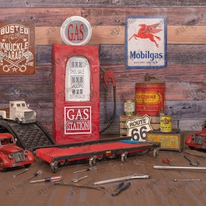 Digitale per neonati, bambini, baby meccanico - Sfondo digitale a tema garage con camion, pompa di benzina, attrezzi