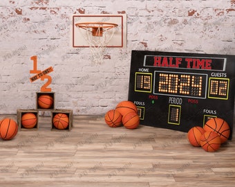 À mi-chemin d'un anniversaire, anniversaire de basket-ball à mi-temps, thème de basket-ball de 6 mois avec tableau de bord - téléchargement de toile de fond numérique
