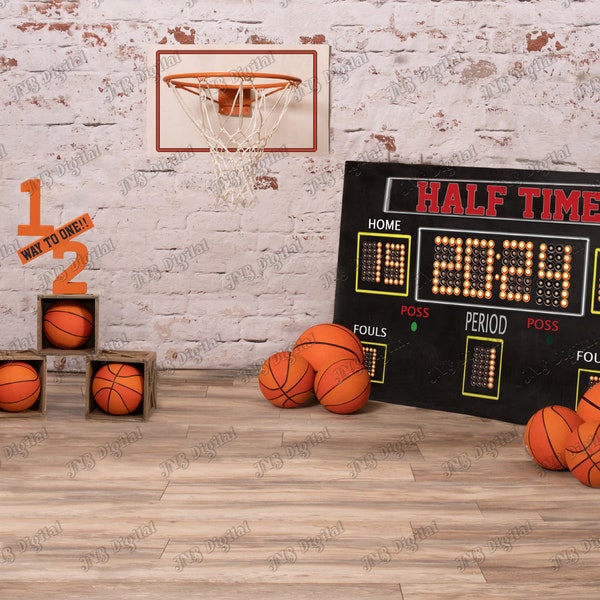 Half way to one Birthday, Half time basketball Birthday, 6 month old Basketball theme with scoreboard- Digital Backdrop download