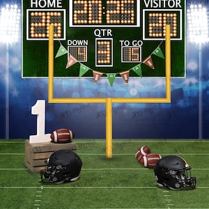 Digital Backdrop with Football One Year Down theme, One year Old  Birthday, with scoreboard, sports theme birthday photo background