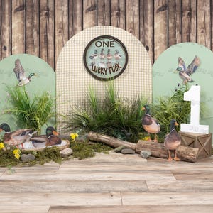 May include: A decorative backdrop for a first birthday celebration. The scene features a wooden floor and background with arches, greenery, and duck illustrations. A sign reads "One Lucky Duck" and a large white number "1" is present.