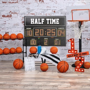 Digital Backdrop 6 month Birthday Basketball theme with Customized Scoreboard, Half Time birthday basketball theme, Half way to One theme