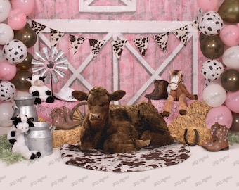 Digital Backdrop, Girly Pink Barn with brown calf background, Toddler Child Kids Pink farm photoshoot, Pink farm backdrop, Cowgirl backdrop