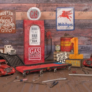 Toddler, Child, Digital  Mechanic - Garage Themed First Birthday Background with trucks, gas pump, tools