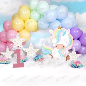Digital Backdrop with Rainbow balloon arch, unicorn, star marquees for girl&#39;s First Birthday, One year old Birthday Background
