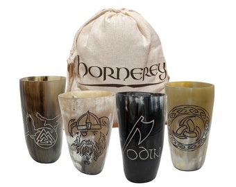 Hornerey Set « Odin », Ensemble de corne à boire Viking, 300ml, Tasse de corne à boire, Ensemble de tasse de corne « Odin »