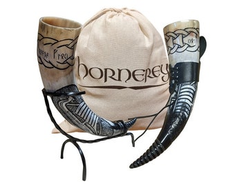 Hornerey « Floki’s Horn », 500ml Viking ensemble de corne à boire avec support et porte-ceinture, methorn, LARP, corne