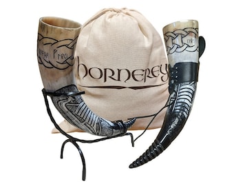 Hornerey "Cuerno de Floki", juego de cuerno vikingo para beber de 500 ml con soporte y soporte para cinturón, methorn, LARP, cuerno