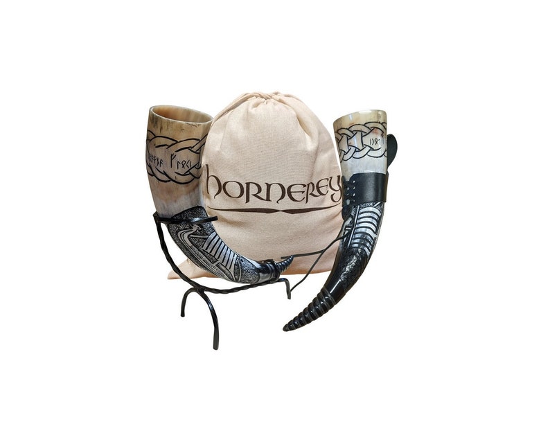 Hornerey Flokis Horn, 500ml Viking ensemble de corne à boire avec support et porte-ceinture, methorn, LARP, corne image 1