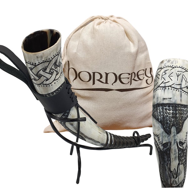 Trinkhorn "Freya's Horn", 500 ml Wikinger Trinkhorn Set mit Ständer und Gürtelhalter, Methorn, LARP, Horn