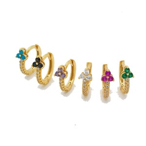 Sterling Silver Color Diamond Huggie Hoop Earrings, Small Cartilage Hoop Earrings, 7mm, 14k Gold, CZ Crystal Pave, D05ECG1