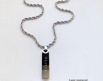Waterproof Engraved Gold Bar Pendant Necklace: Custom Rope Chain - MP04