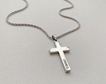 Personalized Cross Pendant Necklace- Waterproof Engraved Stainless Steel, Rope/Cuban Chain