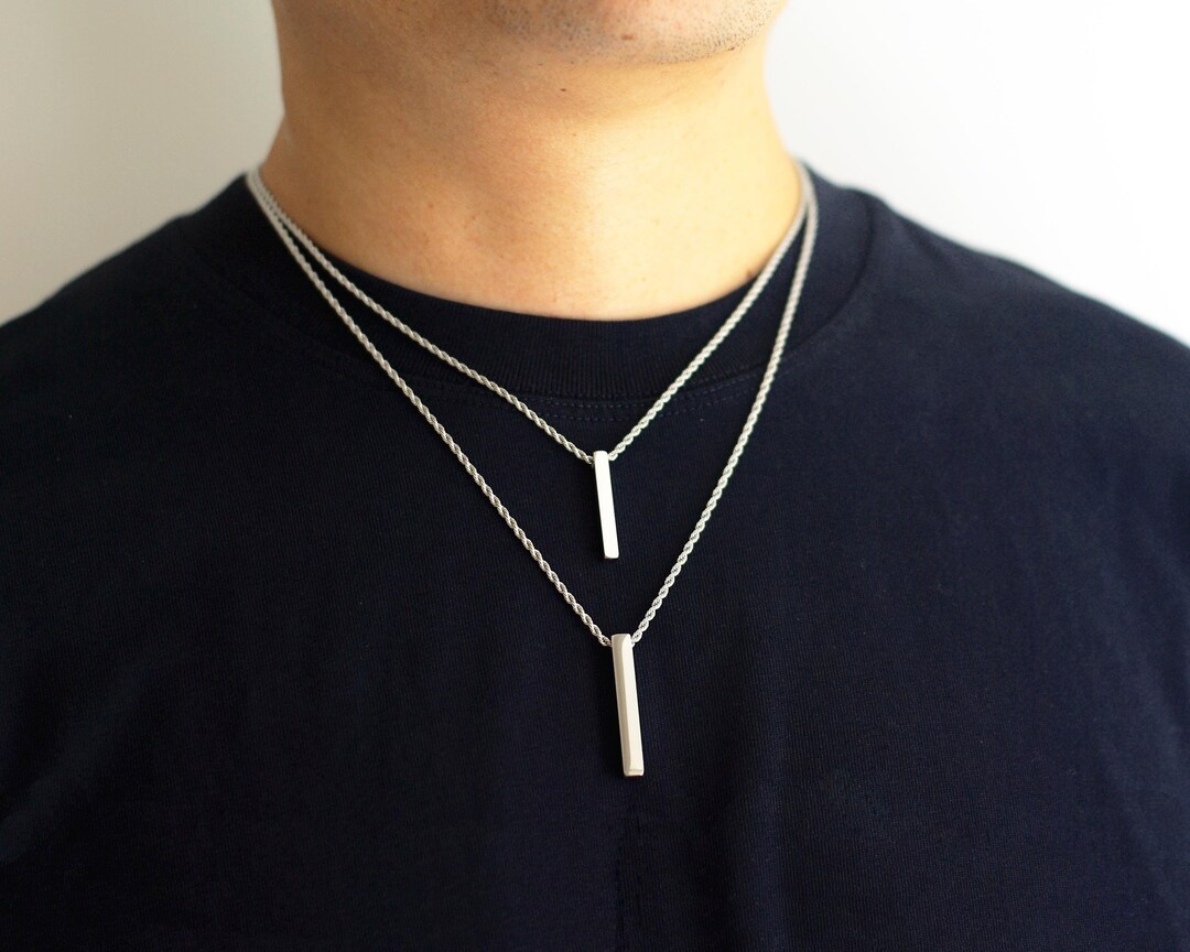 Waterproof Engraved Silver Bar Tag Necklaces for Men, Monogram Name Pendant Charm Necklace in