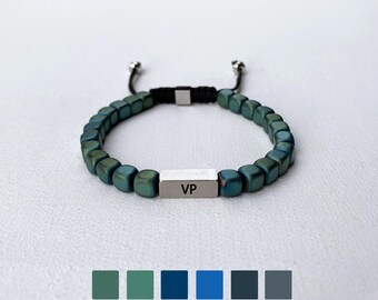 Mens Personalized Squared Hematite Bead Adjustable Bracelet- Stainless Steel- Engraved Initial Name Bracelet, BP04