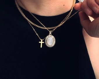 Gold Mary Pendant Necklace: Mother of Pearl Diamond Halo