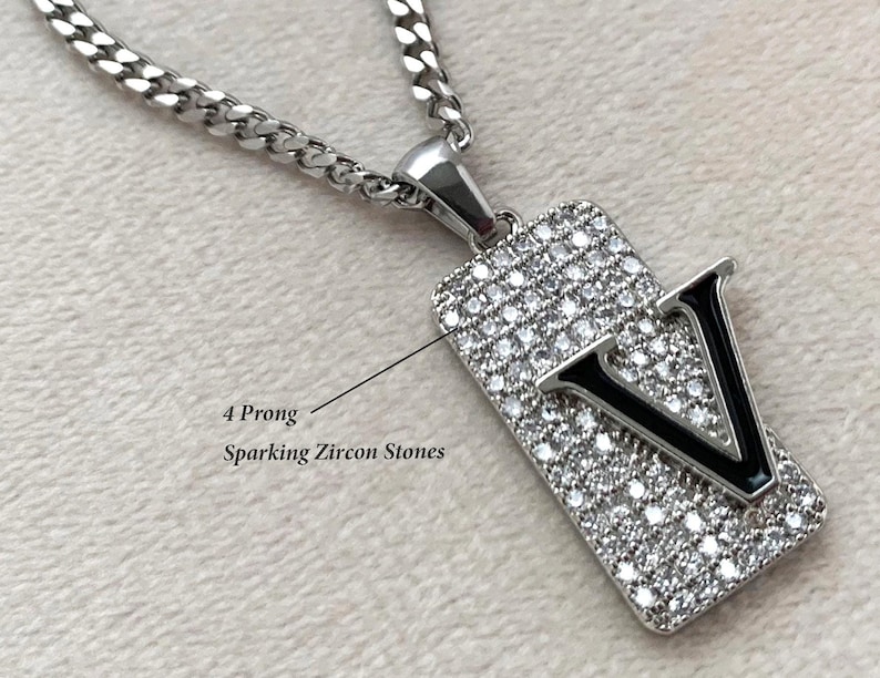 Men's Diamond Initial V Dog Tag Pendant Charm Necklace in Custom Silver