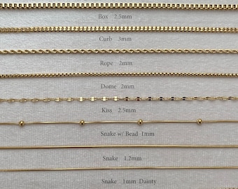 Waterproof 14k Gold Chain Necklace: Rope, Box, Snake, Curb
