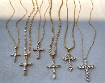 Gold Crystal Cross Pendant Necklace: Dainty Rope, Snake, Cable Chain