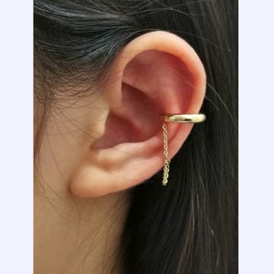 Ear Cuffs with Drop Chain  in 14k Gold or Silver - No Piercing Ring Cuffs- Cartilage Hoop With Chain- S01ECG1