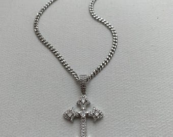Iced Out Diamond Cross Pendant Necklace: Gold/Silver CZ Charm, Rope/Cuban Chain, MP02