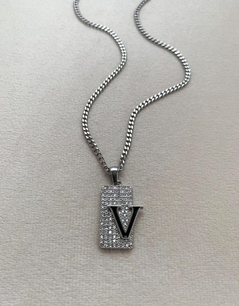 Men's Diamond Initial V Dog Tag Pendant Charm Necklace in Custom Silver